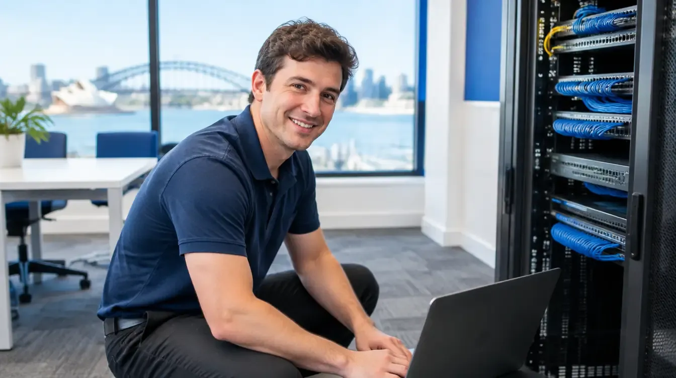 A technician working beside a network cabinet in a Sydney office